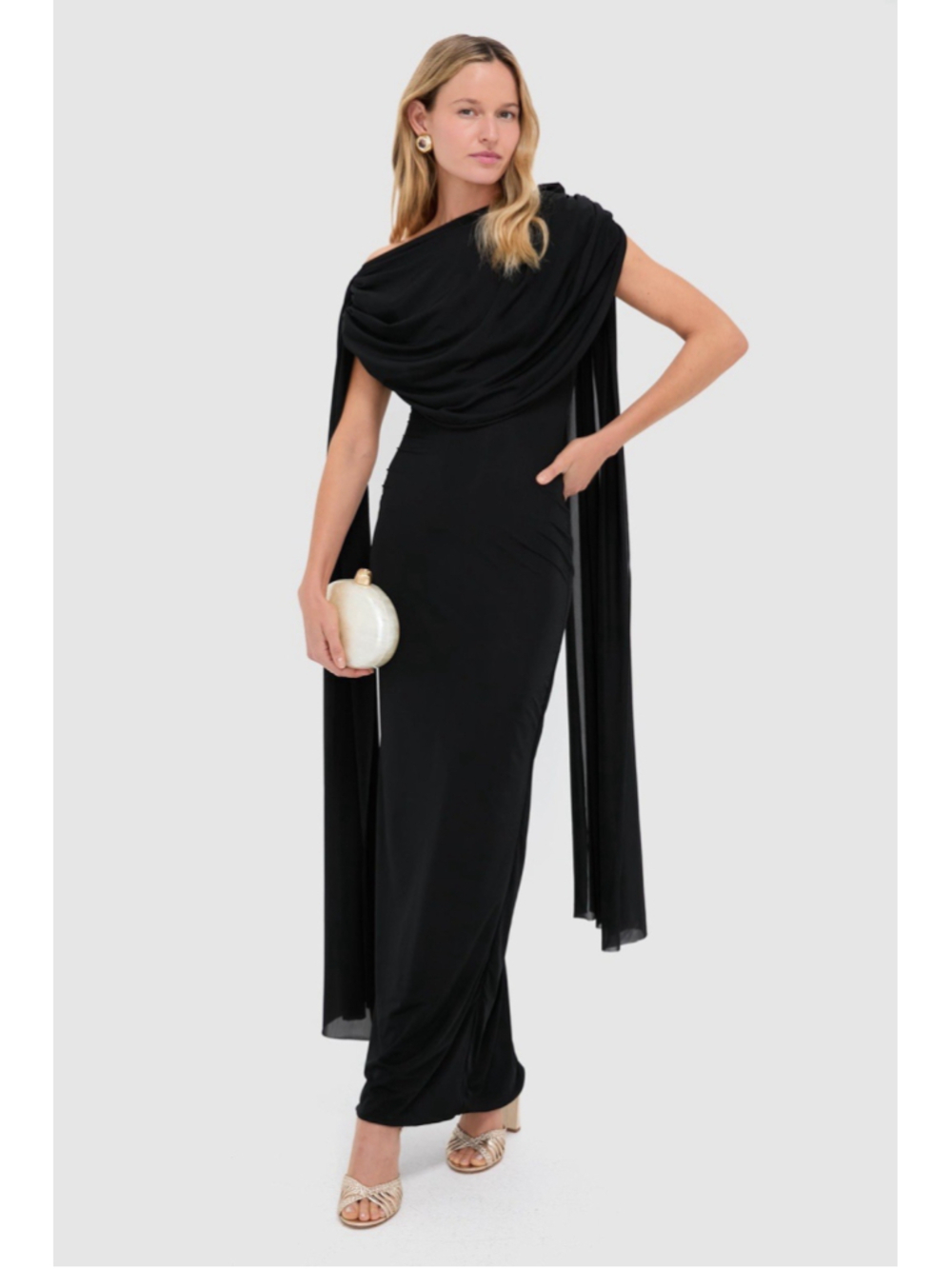 Maygel Coronel Black Batista Draped Cowl Maxi Dress OS Open Back Elegant Minimal